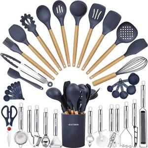 lot 2835 image: Cooking Utensils Set- 35 PCs Kitchen Utensils with Grater,Tongs, Spoon Spatula &Turner Made of Heat Resistant Food Grade Silicone and Wooden Handles Kitchen Gadgets Tools Set for Cookware