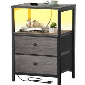 lot 2837 image: BOLUO Gray Nightstand with Charging Station, LED Night Stand with 2 Fabric Drawers, Bedside Table with USB Ports and Outlets, Nightstand for Bedroom Modern