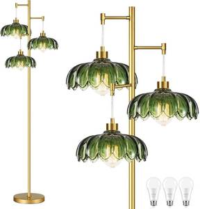 lot 2840 image: ILLMTW Glass Gold Floor Lamp for Living Room,Bedroom,Mid Century Modern Standing Lamp Brass Tree 3 Light Tall Floor Lamps Vintage Retro Floor Lights Green Flower Lamp Shade Farmhouse Boho Bohemian