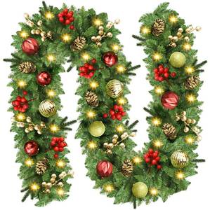 lot 2844 image: Christmas Garland with Lights, 9FT Prelit Christmas Garland Battery Operated Christmas Wreath with Pine Cones, Red Berries, Artificial Xmas Garland for Mantle, Fireplace, Stairs, Outdoor Decorations