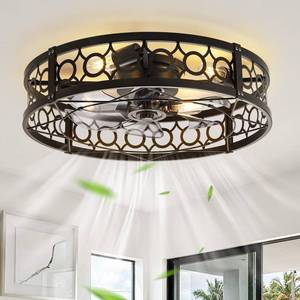 lot 2849 image: LEDIARY Caged Flush Mount Ceiling Fans with Lights, 23 Inch Farmhouse Low Profile Black Ceiling Fan with Remote, Small Bladeless Fan Lights Ceiling Fixtures for Bedroom, Kitchen- Black
