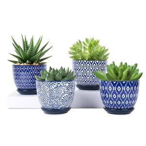 lot 2853 image: Selamica Ceramic Plant Pots, 4.6 Inch Flower Pots for Indoor Plants, Succulent Pots with Drainage Hole & Saucer, Succulent Planters for Succulent Cactus, Home Decor, Set of 4, Vintage Blue
