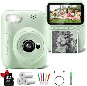 lot 2908 image: Kids Camera Instant Print, 3.0 HD 32MP 1080P Toddler Digital Camera with 3 Rolls of Printer Paper, Birthday Gifts Toy for 3-12 Year Old Girls Boys with 32GB SD Card-Green