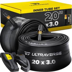 lot 2909 image: Ultraverse 20 x 3.0 Inner Tube Set with Schrader Valve - Ideal for Mountain Bikes & E-Bikes with 20-Inch Fat Tires - Durable & Reliable Performance- 2 Pack with Tire Levers