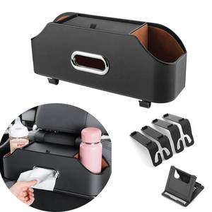 lot 2956 image: Car Back Seat Organizer with 2 Drink Cup Holder and Tissue Box, Headrest Hanging Storage Box with Hooks and Phone Holder, Multi-Functional Storage for Kids and Travel. (Black)