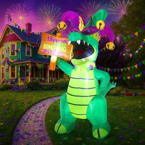 lot 2981 image: Leyndo 8ft Huge Mardi Gras Alligator Inflatable Mardi Gras Inflatable Outdoor Decoration Crocodile with Crown Mask Necklace LED Lights Blow up for Yard Garden Lawn Carnival Outdoor Celebration Decor