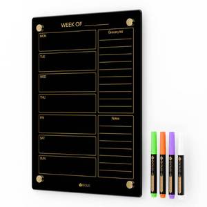 lot 2982 image: Black Glass Golden Weekly Dry Erase Calendar & Menu Whiteboard for Wall, Meal Planning & Grocery Shopping List White Board for Kitchen & Home, 15x11, 4 Wet Erase Markers Included, Yeoux