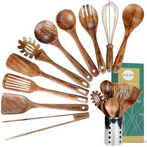 lot 5008 image: Kitchen Utenails Set with Holder,Kitchen Wooden Utensils for Cooking, Wood Utensil Natural Teak Wood Spoons for Cooking,Wooden Kitchen Utensil Set With Spatula and Ladle (11)