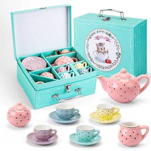 lot 5012 image: Tea Set Girls Porcelain Tea Set for Little Girls Tea Set for Little Girls Polka Dot Design and Colorful Color with for Boy and Gril Birthday Party Or Gift Life
