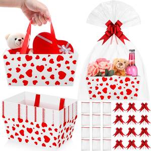 lot 5025 image: Moinchore 12 Set Valentine Basket for Gifts Empty 9.8 x 6.5 Red Heart Market Tray Cardboard with Bows, Cellophane Bags, Twist Tiles, Empty to Fill for Summer Birthday Bridal Wedding Party Supplies