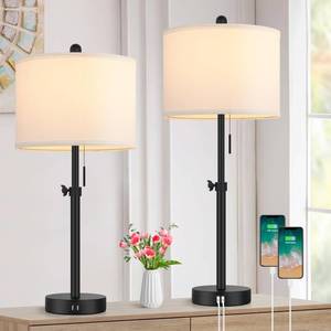lot 5045 image: Kondras Table Lamp for Bedroom Set of 2, 23 to 30 Height Adjustable Bedside Lamp with 2 USB Ports, Black Nightstand Lamp with White Shade, Modern Pull Chain Table Lamp for Living Room End Table