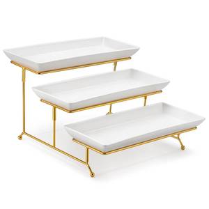 lot 5048 image: MALACASA 3 Tier Serving Trays for Party, 14 Inch Porcelain White Trays for Serving Food, Dessert Stand with Collapsible Gold Metal Rack