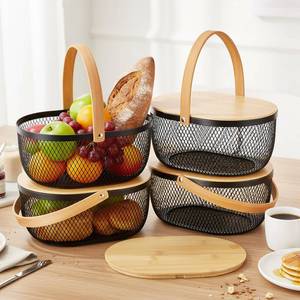 lot 5051 image: e essco for you 4 Pcs Metal Mesh Fruit Basket with Lid Oval Wire Mesh Storage Basket with Handle 10.2 x 7.7 x 3.9 Inch Stackable Wire Garden Baskets Pantry Organizer for Fruit Vegetable Kitchen, Black