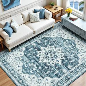 lot 5068 image: Vibrug 5x7 Coastal Blue White Area Rugs for Living Room - Vintage Boho Medallion Aesthetic Distressed Washable Rug, Soft Non-Slip Backing Low Pile Carpet for Office, Lounge, Bedroom Foot of Bed
