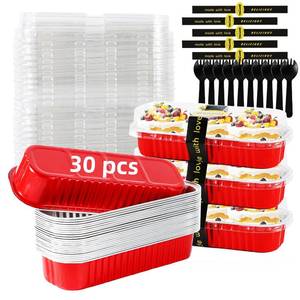 lot 5123 image: Orlashop Mini Loaf Pans with Lids and Spoons Sealing Sticker,30 Pcs 6.8oz Cake Pans for Baking Disposable Aluminum Foil Christmas Red cake pan (30 Pack Red)