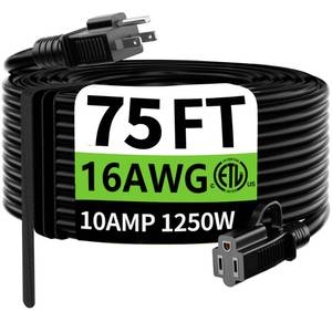 lot 5139 image: HUANCHAIN Indoor Outdoor Black Extension Cord 75 Ft Waterproof, 163 Gauge Flexible Cold-Resistant Appliance Extension Cable Outside, 10A 1250W 16AWG SJTW, 3 Prong Electric Cord, ETL