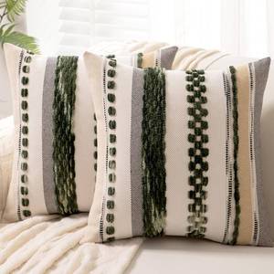 lot 5146 image: WANLIRD Boho Throw Pillow Covers 18x18 Set of 2 Christmas Decorative Cushion Case Striped Square Pillows Cover Chenille Pillow Cases Accent Neutral Pillowcase for Sofa Couch Bed,Dark Green