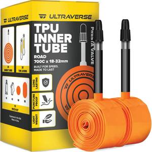 lot 5164 image: Ultraverse TPU Road Bike Inner Tube 700 x 18-32 with 65mm Presta Valves Ultra Lightweight Tubes for Road and Gravel Bicycles - 2 Pack with Repair Patch Kit