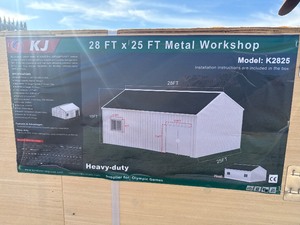 lot 2102 image: Unused 2026 KJ Metal K2825 25x28x15 Metal Workshop with windows and door-Cream and Black