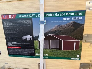 lot 2266 image: Unused KJ Metal K2223. 23 x 22 Double Metal Garage in Red Brown - Walk In Door Only
