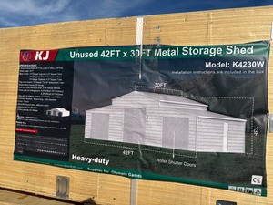 lot 2271 image: Unused KJ Metal K4230W Metal Storage Building in Cream Color, 3 sets of rolling doors, Windows and Walk through door