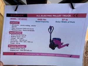 lot 2300 image: Unused Starvox WT-QD-Q2 All Electric Pallet Truck - 4400lb capactiy,  3 mph walking speed