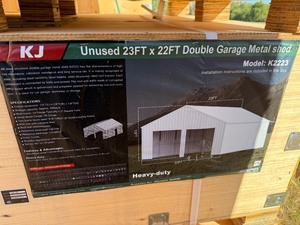 lot 2359 image: Unused KJ Metal K2223. 23 x 22 Double Metal Garage in Cream - Walk In Door Only