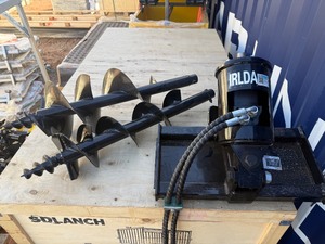 lot 2424 image: Unused SD Lanch Mini Skid Steer Auger with 30cm and 20 cm Bits