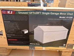 lot 2131 image: Unused KJ Metal K1220. 12x20x9 foot Metal GarageShop.  All doors included.  Cream in Color