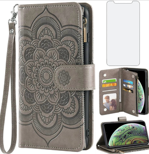 lot 938 image: Asuwish Compatible with iPhone Xs Max Wallet Case and Tempered Glass Screen Protector Flower Flip Credit Card Holder Cell Phone Cover for i X XR Xsmax 10x SX Xmax 10xs 10s 10 Plus Xmaxs Women Men Grey - Retail $16