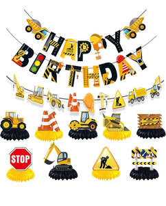 lot 943 image: 11Pack Construction Birthday Decorations with Construction Happy Birthday Banners Honeycomb Tabletop Centerpieces Excavator Vehicle Truck Car Decor for Boys Construction Theme Birthday Party Decorations - Retail $12