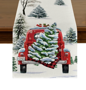 lot 998 image: Truck Christmas Tree Snow Table Runner 13x90 Inch Watercolor - Retail $0