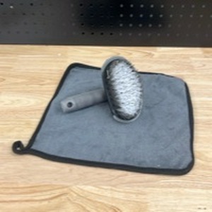 lot 1001 image: Gray Cleaning Brush and Microfiber Towel with Ergonomic Handle - Retail $12