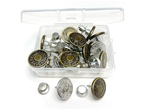 lot 1006 image: 20 Sets Replacement Jean Buttons, 17mm Combo Copper Tack Buttons Replacement Kit with Rivets and Metal Base in Plastic Storage Box - Retail $0
