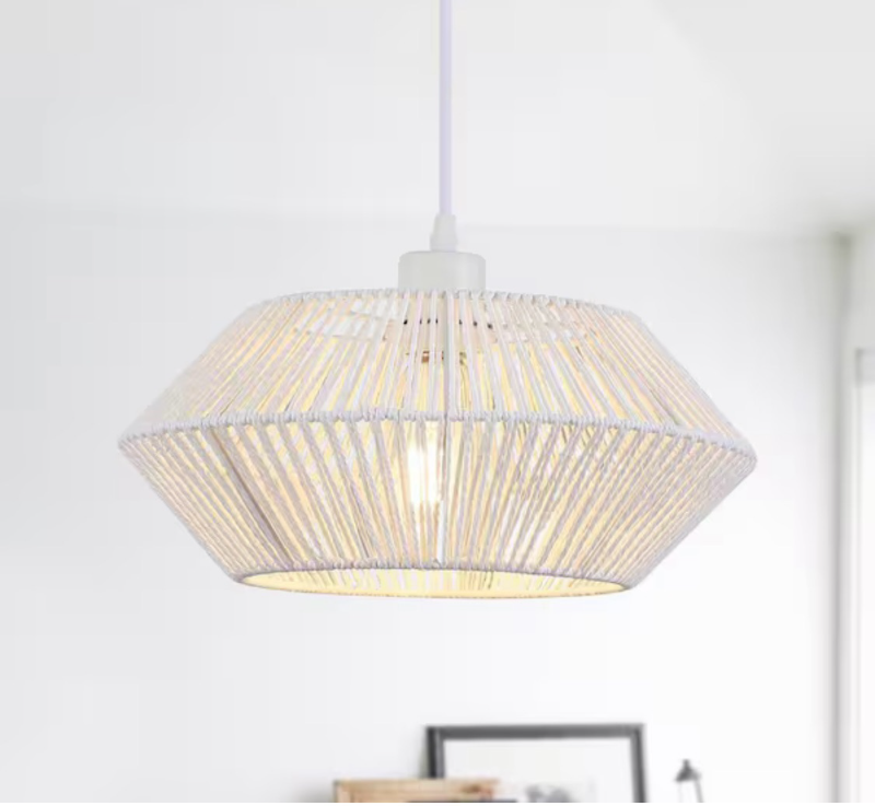 lot 2450 image: 1-Light White Geometric Hanging Linear Chandelier Lighting with Hemp Rope Shade for Kitchen Island - Retail $68