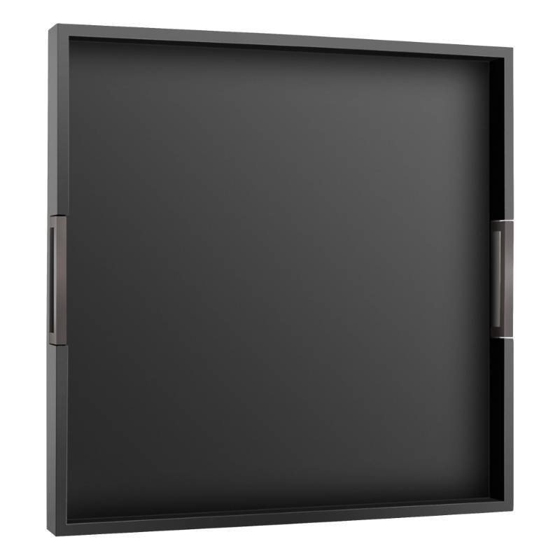 lot 2451 image: Joy&Grace Large Square Ottoman Tray for Living Room and Coffee Table 20 Inch Decorative Wooden Serving Tray with Handles for Breakfast in Bed, Dinner Food Kitchen TV (Black, 20 x 20 x 2) - Retail $43