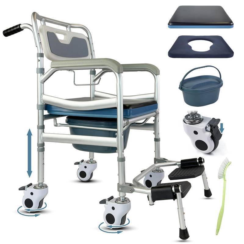 lot 2452 image: 4-in-1 Floding Bedside Commode Chair, Rolling Shower Wheelchair with Arms, 4 Lockable Wheels, Detachable Bucket, Toilet Brush, Height Adjustable & Flip-up Footrest, Padded Mobile Toilet Chair - Retail $260