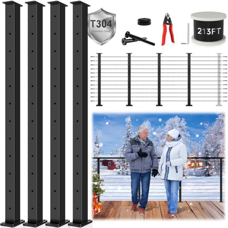 lot 2474 image: Zylorix 42 12ft-16ft T304 Stainless Steel Swage Cable Railing Post Kit(Flexible DIY 11) - 4 Level Drilled Posts, Sufficient 213ft 18 Cable, Terminals, and Grommet with Cutter(No Handrail) for Deck - Retail $300