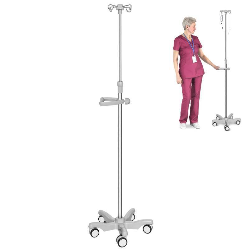 lot 2473 image: IV Pole with Wheels Medical Portable IV Stand Pole, IV Bag Stand with Removable IV Bag Holder, Adjustable Height Pole, 4 Hook & 5 Caster Base - Retail $78