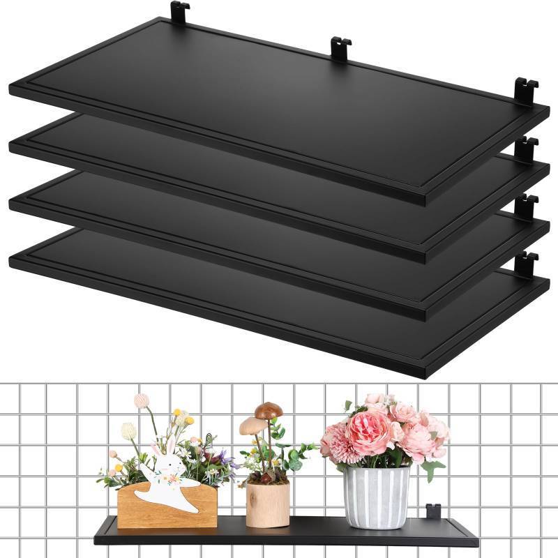 lot 2470 image: 4 Pack Gridwall Shelf Metal Grid Wall Panel Display Stand Heavy Duty Shelves (24 X 12,Black) - Retail $86
