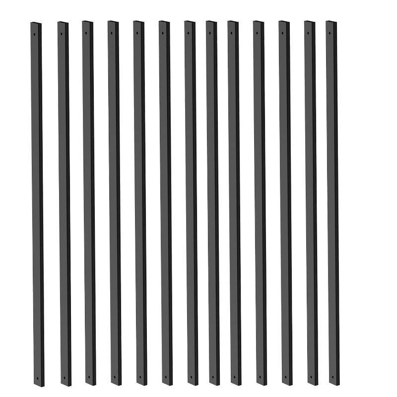 lot 2482 image: HZIU 25 Pack Deck Balusters 32 Rectangle Staircase Baluster, Black Metal Deck Spindle and Stairs Railing,Hollow Rectangle Deck Balusters for Deck Railing Porch Retail- $60