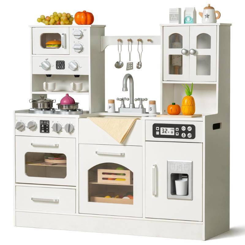 lot 2465 image: Wooden Play Kitchen for Toddlers and Kids with Lights & Sounds, Large Interactive Pretend Play Set with Ice Maker, Stove, Sink, Oven, 12 Accessories - Ages 3-8, Retail $150