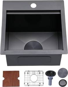 lot 261336 image: Retails for $110 IKEBANA 15x15 Inch Black Drop In Bar Sink Workstation, 16 Gauge Stainless Steel Top Mount Single Bowl Handmade Gunmetal Black Wet Bar Sink for Outdoor Prep RV Laundry with Grid & Cutting Board