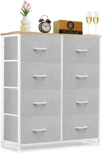 lot 261361 image: 10-Drawer Dresser for Bedroom, Anti-Tip Tall Storage Organizer Chest of Drawers with Wooden Top and Metal Frame Fabric Bins for Closet, Living Room, Hallway, Entryway, Light Gray