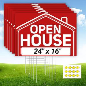 lot 261362 image: Open House Signs for Real Estate, 24 x 16 Extra-Large Open House Signs with Sturdy Metal Stakes and Arrow Stickers, Double-Sided Waterproof Yard Signs for Open House Supplies (7 Signs)