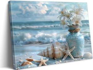 lot 261363 image: Blue Ocean Beach Bathroom Canvas Wall Art Starfish with White Flower Coastal Picture Wall Decor Seascape Poster Seaside Seashell Painting Print Artwork for Living Room Bedroom Restroom, Framed 24x36