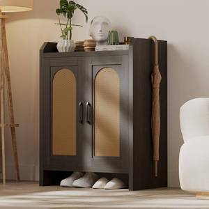 lot 261367 image: Retails for $150 Mericonia Shoe Cabinet Storage for Entryway, Natural Rattan Shoes Cupboard, Wooden Shoe Rack with Doors and Shelves, Farmhouse Boho Wood Shoe Organizer Cabinet for Hallway Black