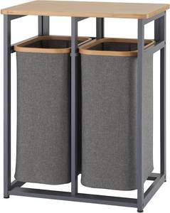 lot 261369 image: Retails for $140 TRINITY EcoStorage Bamboo Wood Laundry Organizer Station with Folding Shelf and 2 Pull-Out Removeable Hamper Bags, Dark Gray
