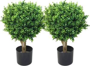 lot 361207 image: Hedyotis Topiary Artificial Trees - Set of Two 24-Inch-Tall UV-Resistant Shrubs - IndoorOutdoor Fake Plants for Front Porch Decor by Pure Garden
