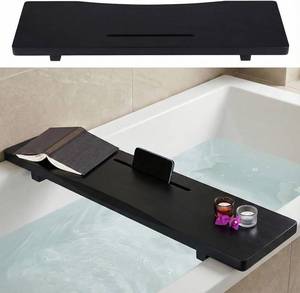 lot 461086 image: Stylish Black Bamboo Bathtub Tray Caddy with Adjustable Legs, Minimalistic Design Bath Tray for Tub, Bathtub Accessories, Fit Standard and Against Wall Bath Tubs, Gift Idea for Women